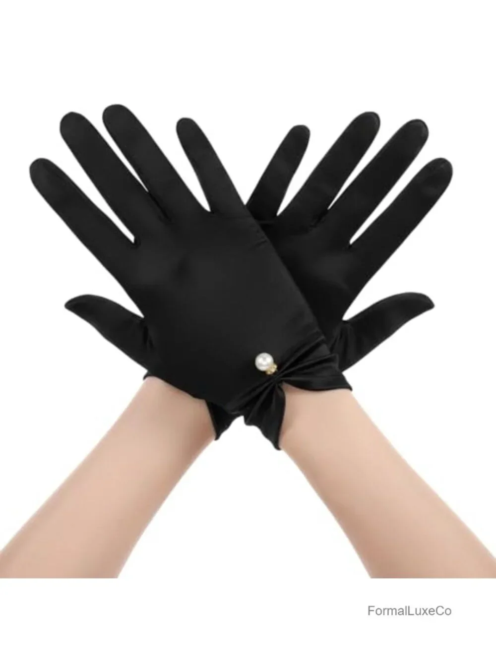 Elegant Black Satin Gloves for Women with Pearl, Formal Opera Bridal Accessory